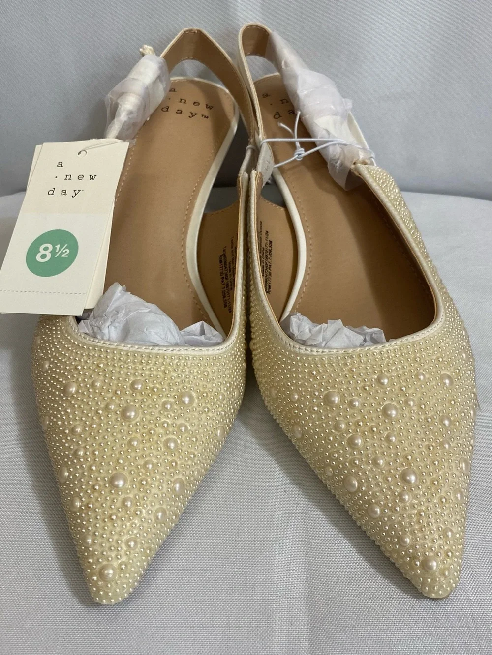 a new day Pearl-Studded Pointed Toe Slingback Flats in Beige